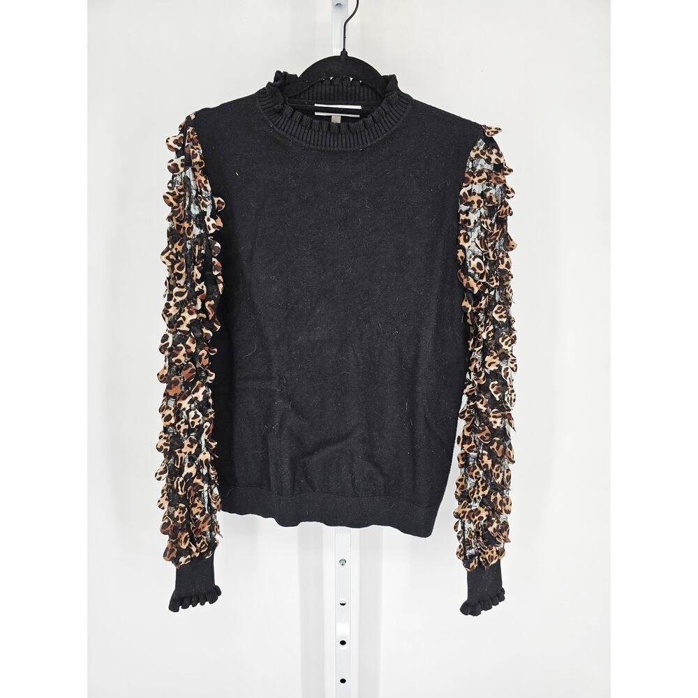 Sioni Women's Sz L Black Leopard Flutters Ruffle Lace Mock Sweater Top Blouse